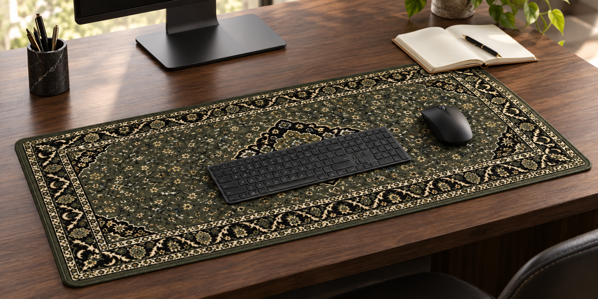 Desk setup with the RawdahDesk olive Rawdah carpet desk mat