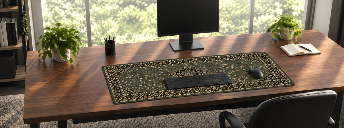 Desk setup with the RawdahDesk olive Rawdah carpet desk mat