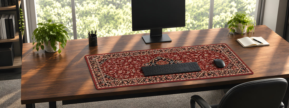 Desk setup with the RawdahDesk red Rawdah carpet desk mat